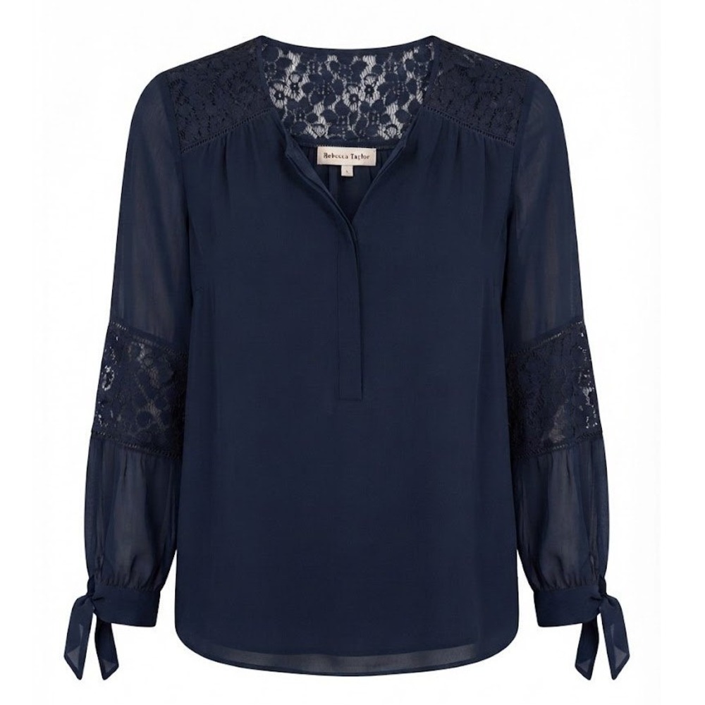 Rebecca Taylor Navy 100% Silk Lace Yoke Tie Cuff Blouse Shirt 8 Semi-sheer - CJ